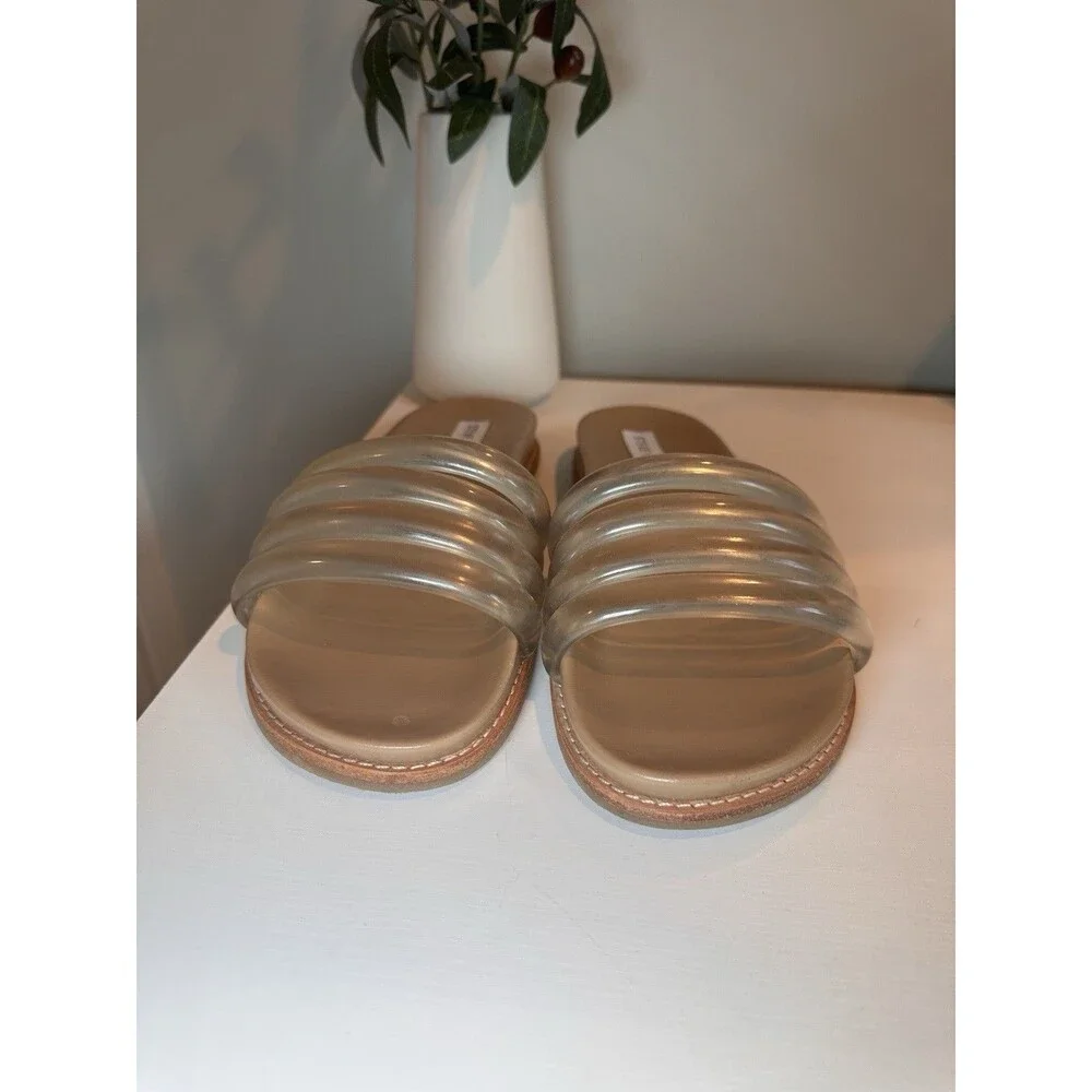 Steve Madden Clear Puffy Multi Strap Flat Slide Sandals Tan Nude Womens Size 7